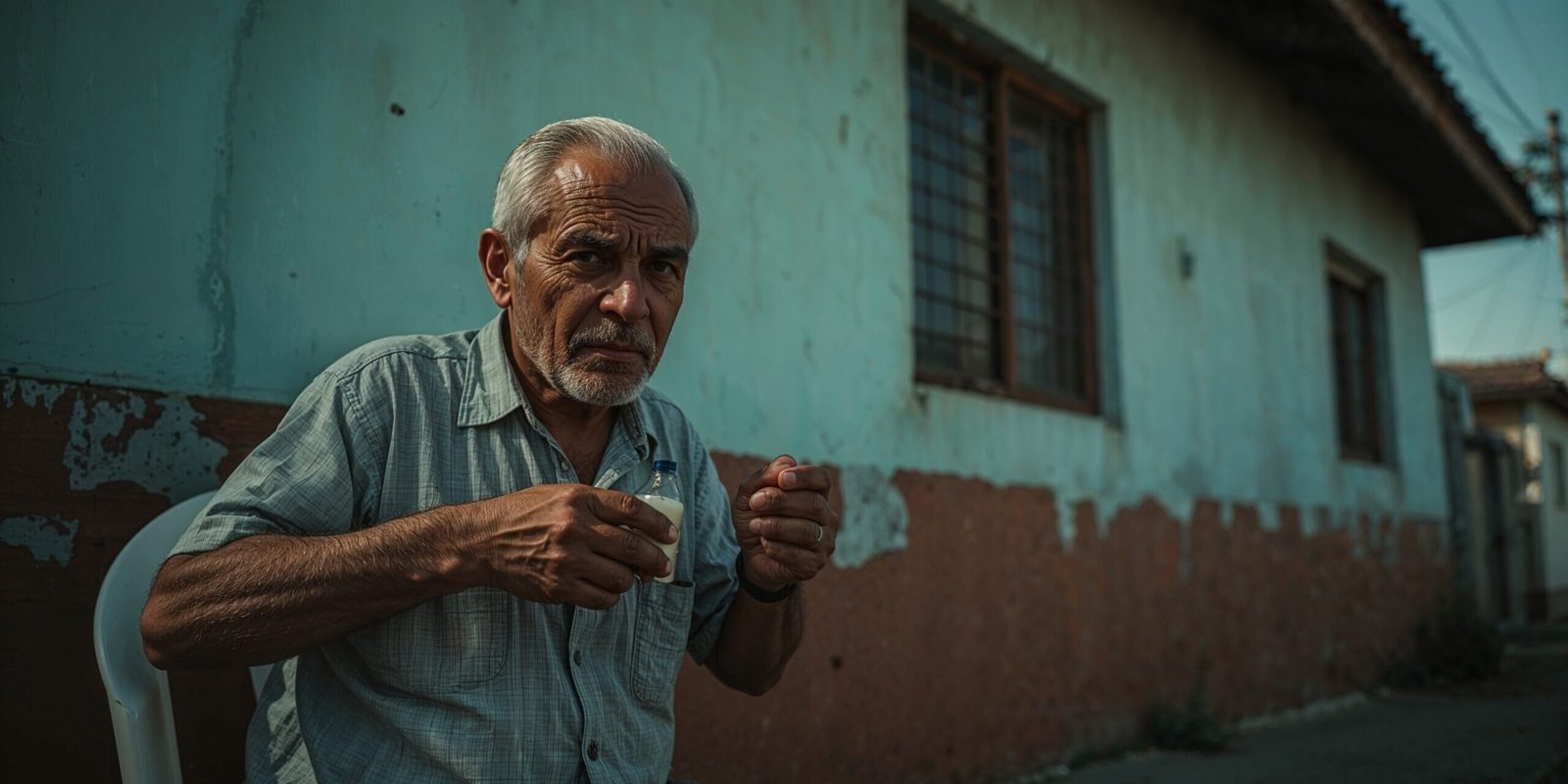 Homem idoso sentado em cadeira de plástico segurando frasco de insulina, em frente a casa simples de periferia — imagem ilustrativa do caso sobre energia elétrica e mínimo existencial