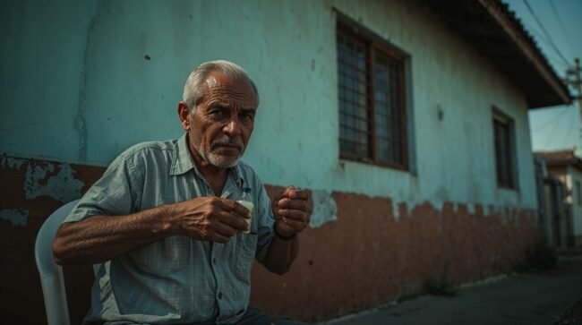 Homem idoso sentado em cadeira de plástico segurando frasco de insulina, em frente a casa simples de periferia — imagem ilustrativa do caso sobre energia elétrica e mínimo existencial